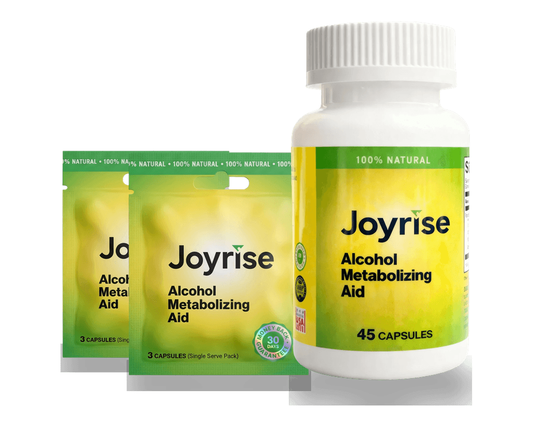 A Joyrise bottle of 45 capsules with three single-serve packets
