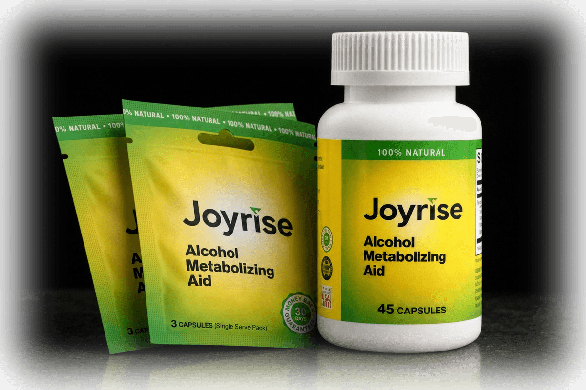 A Joyrise bottle of 45 capsules with three single-serve packets