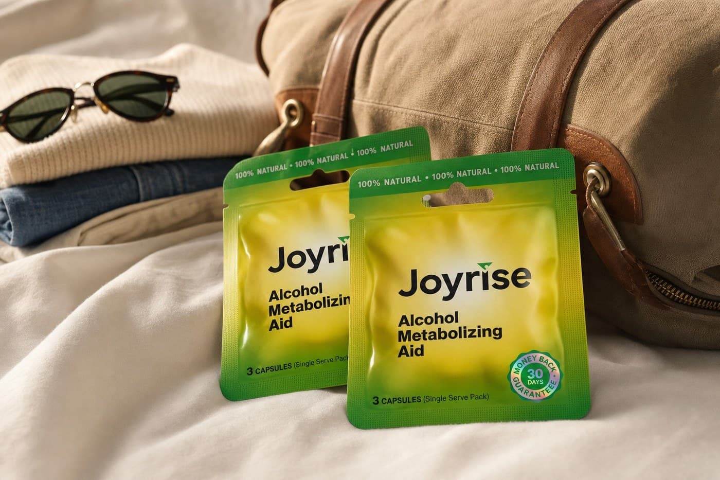 Two Joyrise single-serve packets on a bed beside a packed weekend bag