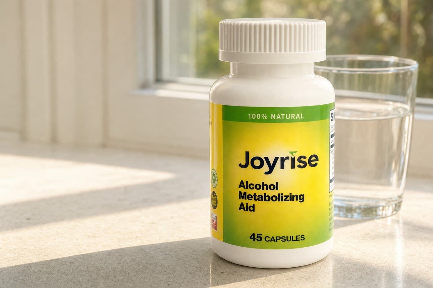 The Joyrise bottle on a sunlit kitchen counter